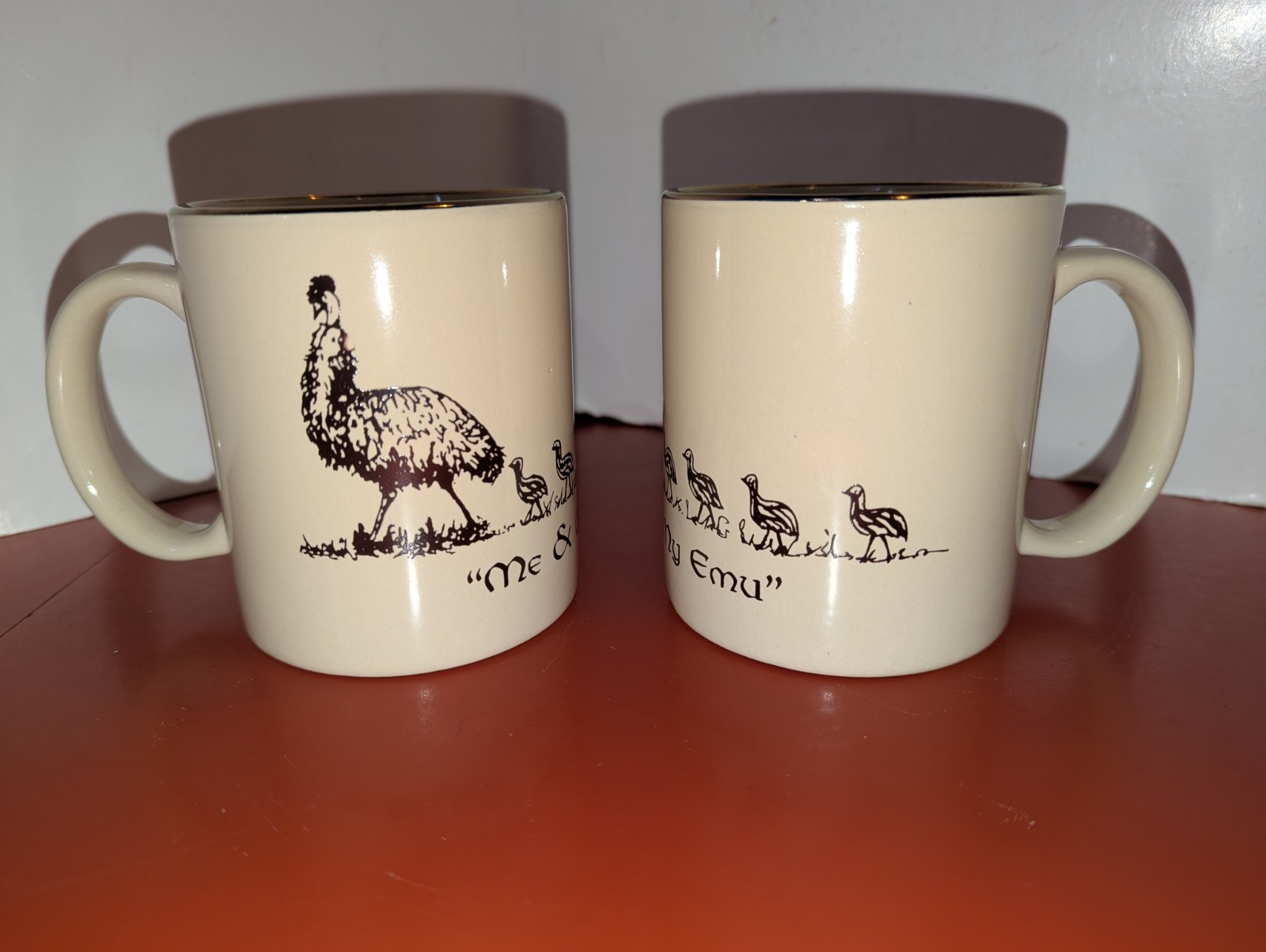 "Me & My EMU" Set Of  2 Coffee Cups Mugs, Gold Rimmed Ceramic