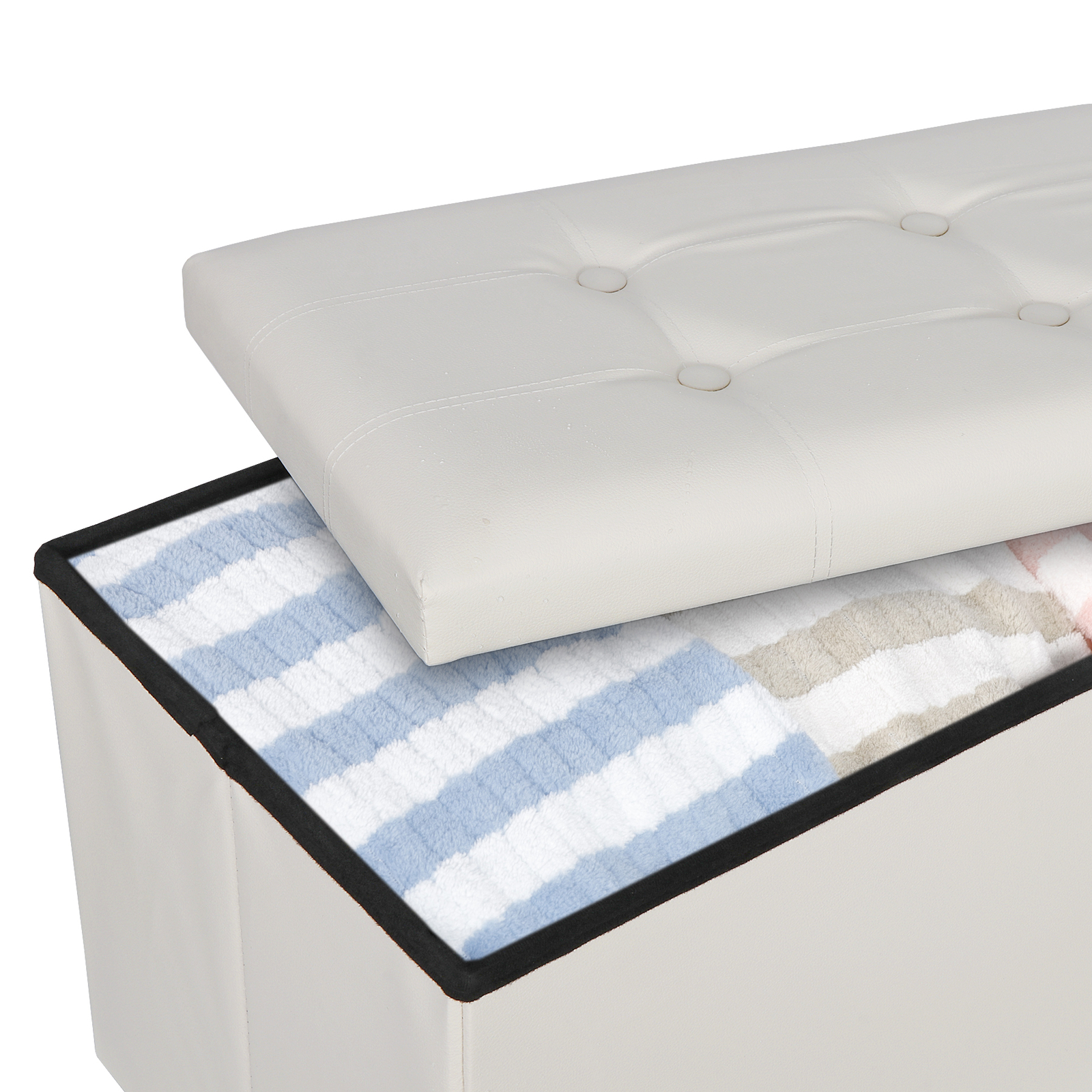 Durable 30" Ottoman Storage Bench Chest Folding Footstool W/Removable Lid Beige