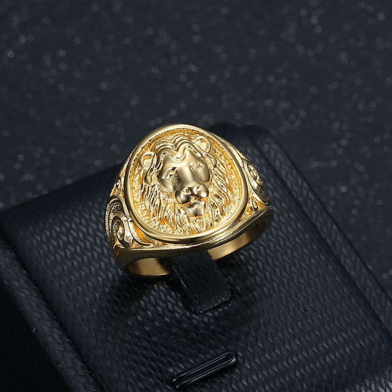 Vintage Retro Casting Lion Head Animal Ring Stainless Steel Gold Plated Jewelry