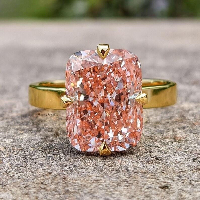 IGI Certificate Lab Grown Fancy Pink Diamond Solid Ring In 14K Yellow Solid Gold