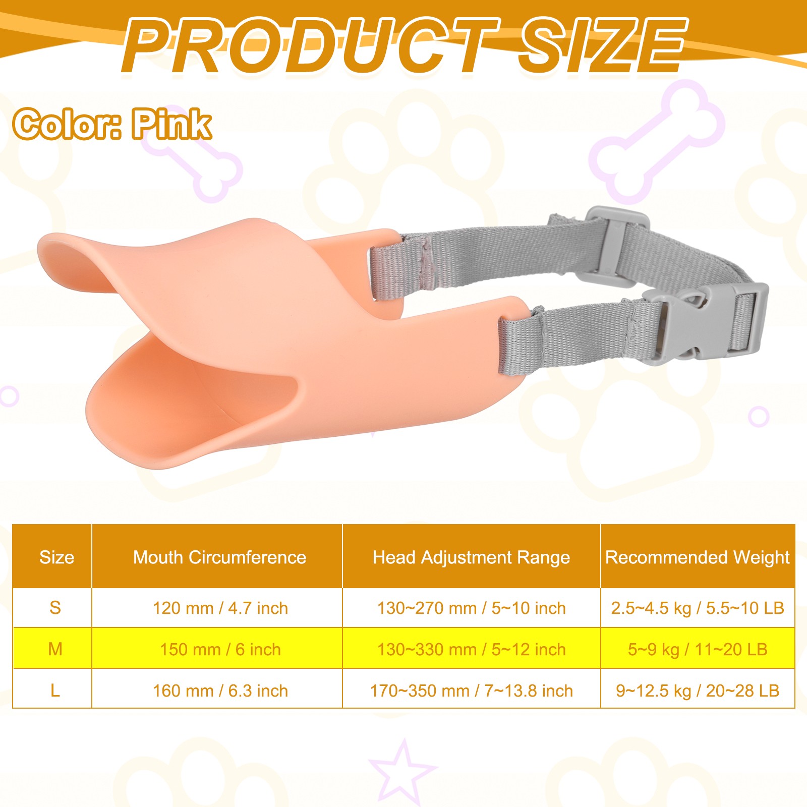 Silicone Dog Muzzle, Soft Silicone Mouth Cover with Adjustable Strap (Pink, M)