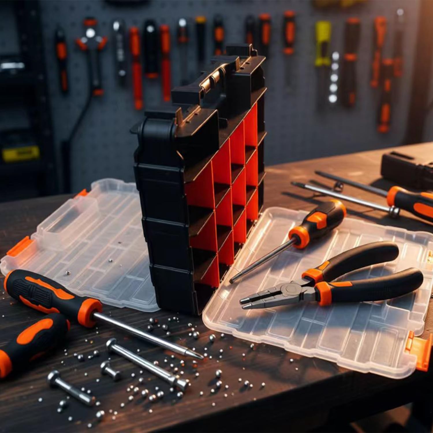 Double Side Tools Organizer, Plastic Tool Box, 34-Compartment, Double Side St...