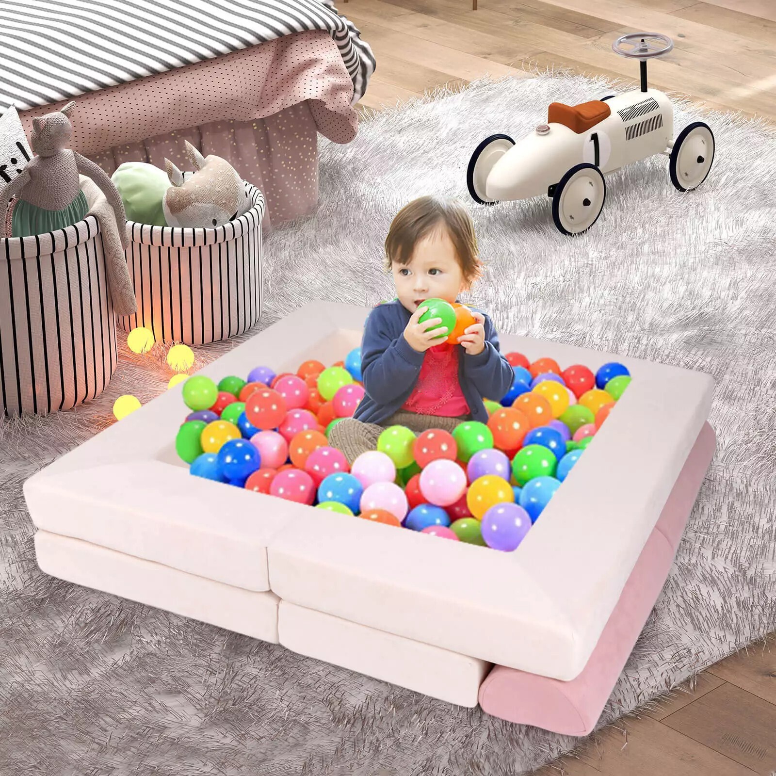 Kids Modular Play Couch, Convertible Foam Couch Play Set with Suede Fabric Cover