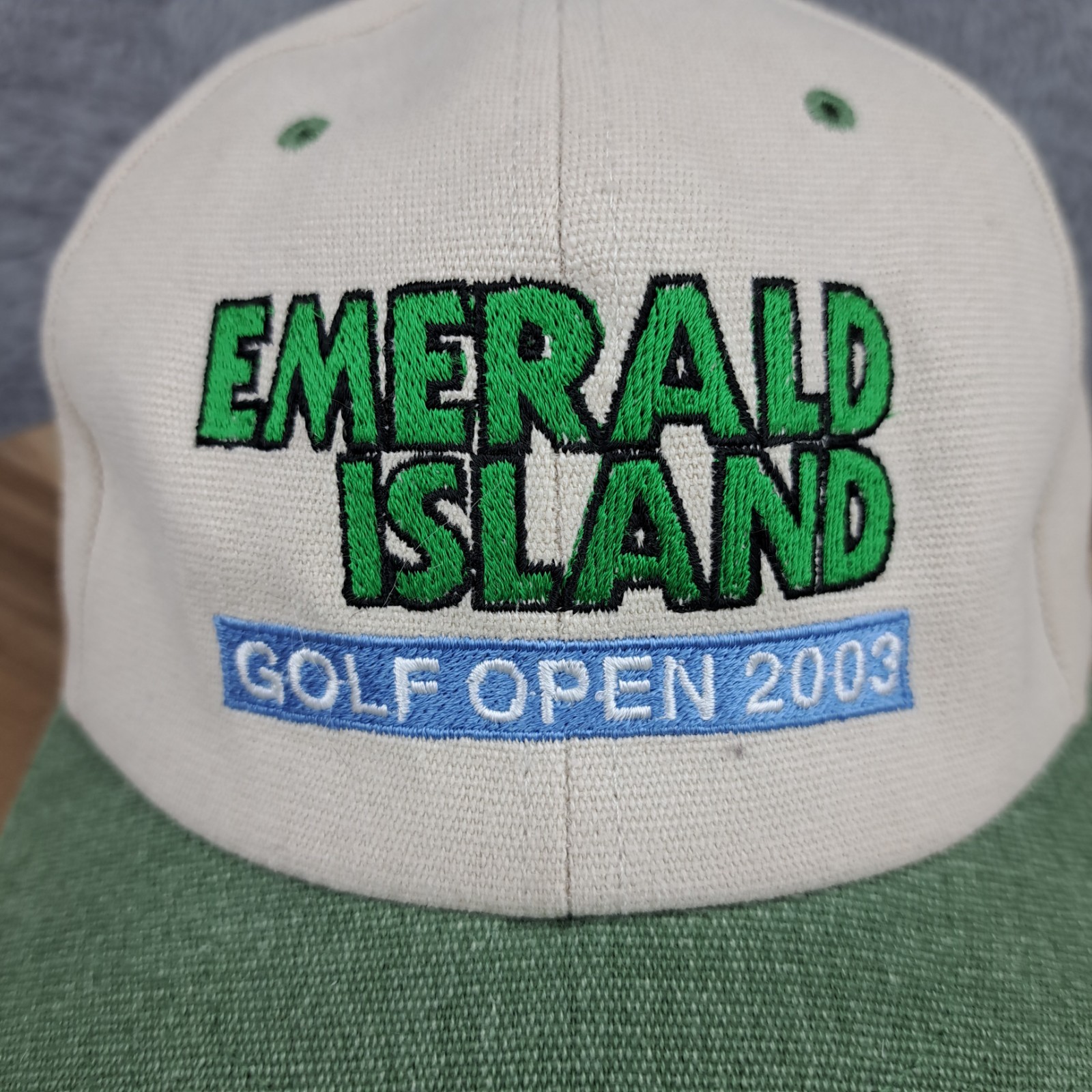 Vintage Emerald Island Hat Cap Strapback Beige Golf Open 2003 Golfer PGA Mens