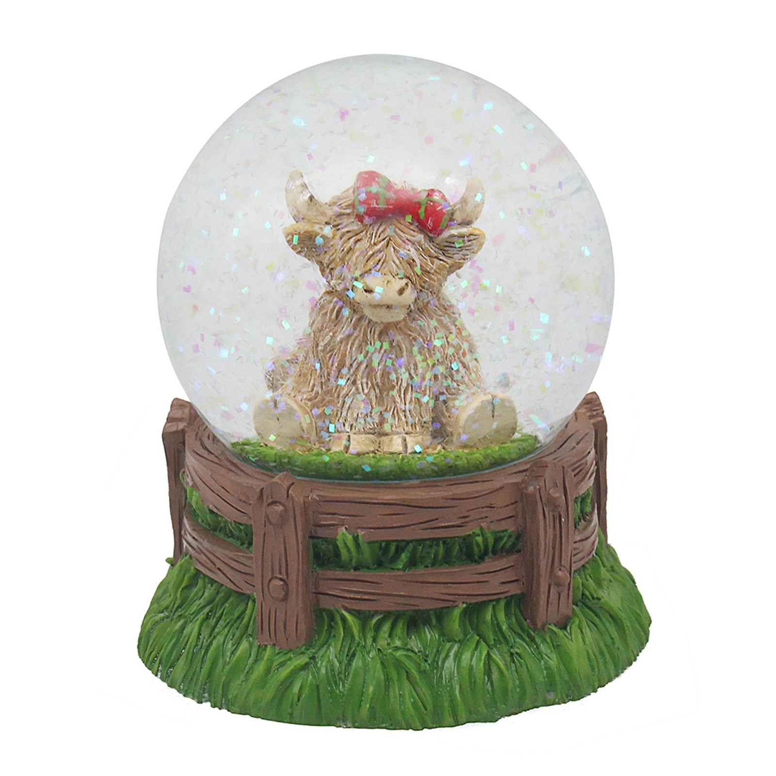 Highland Cow Glitter Water Ball 9cm Snow Globe Ornament - Tartan Bow