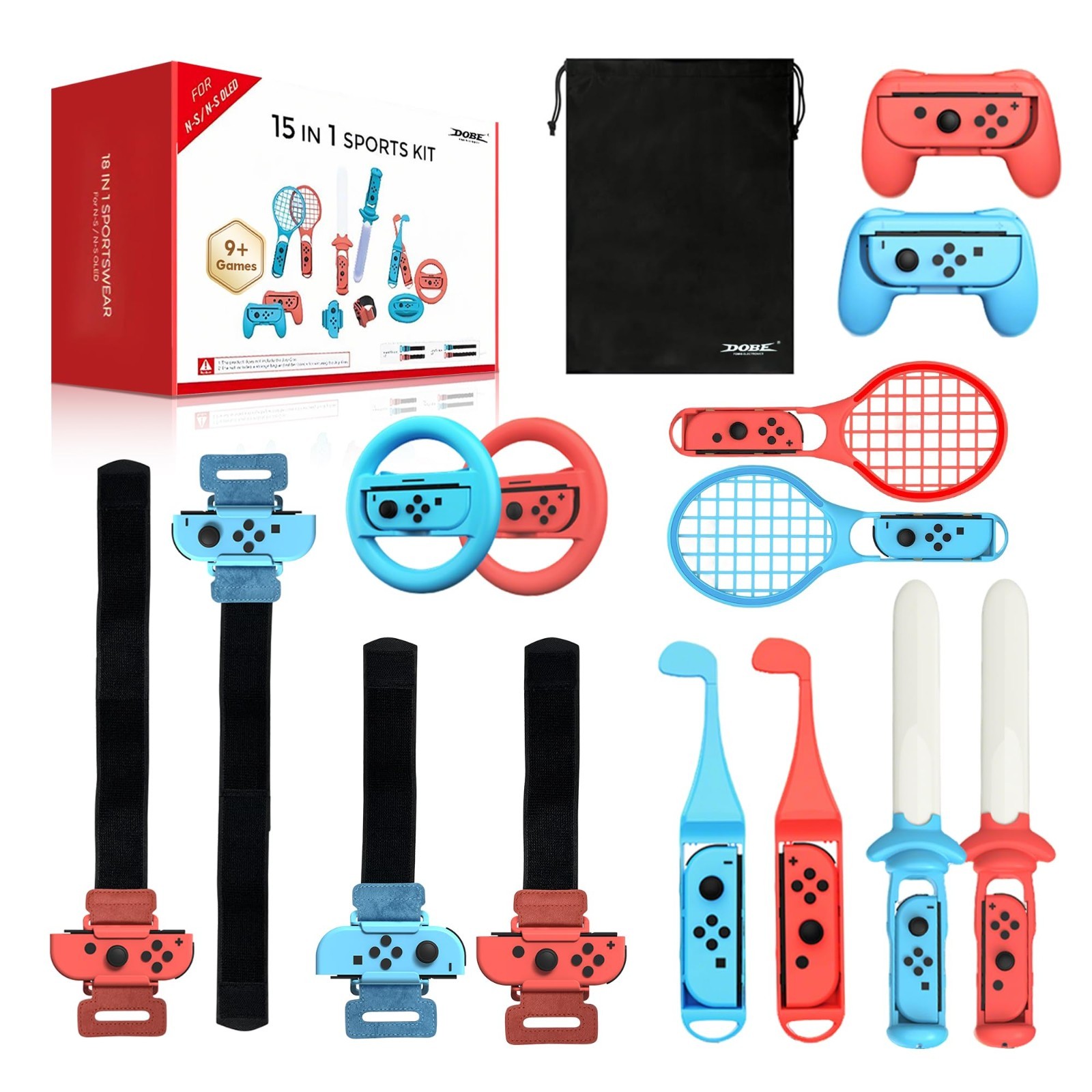 15-in-1 Sports Accessories Bundle for Nintendo Switch & OLED - Storage Bag, Doub