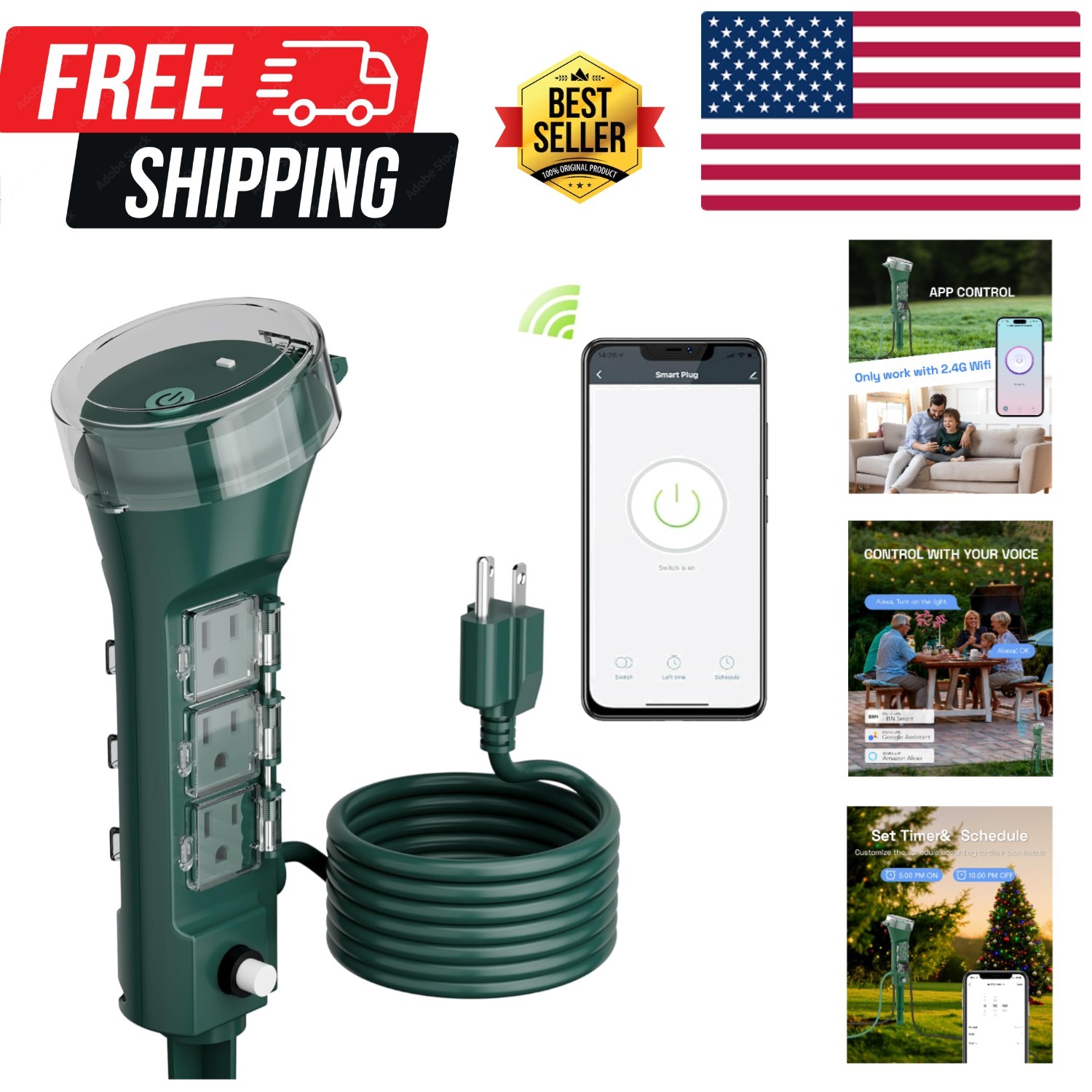 Heavy-Duty Outdoor Smart Plug - Voice & App Controlled with 6 Grounded Sockets