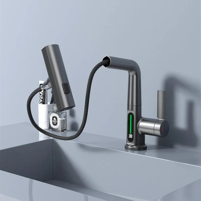 Waterfall & Pull-Out Faucet with Temperature Display in Gun Metal