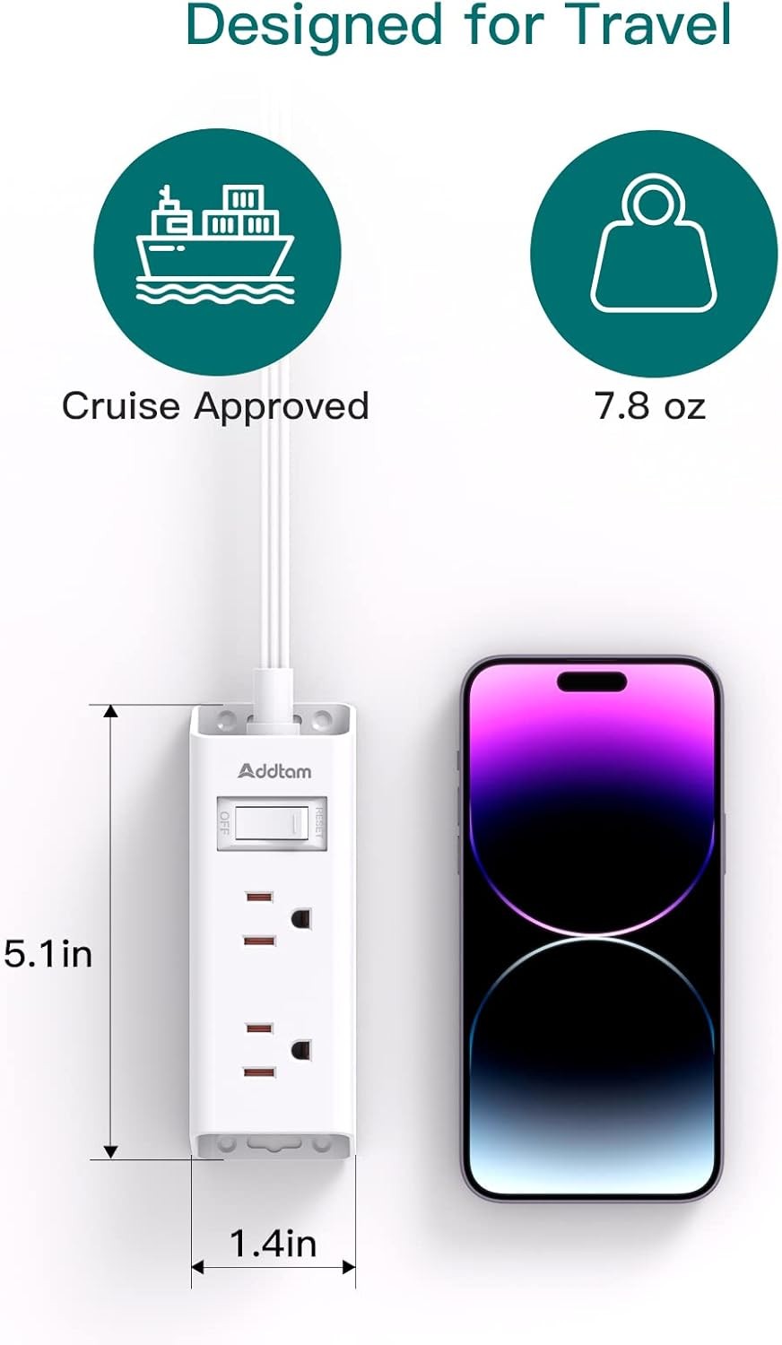 Cruise Essentials - Flat Plug Power Strip, Addtam 5 ft Ultra 5 FT, White