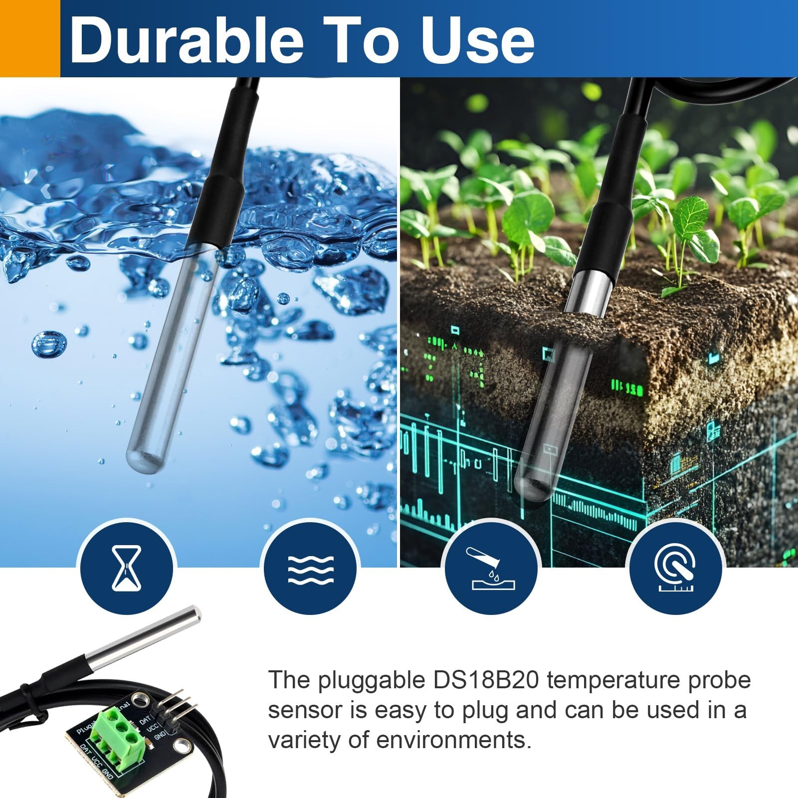 DS18B20 Digital Waterproof Temperature Sensor Probes Plugin Adapter 4Pack