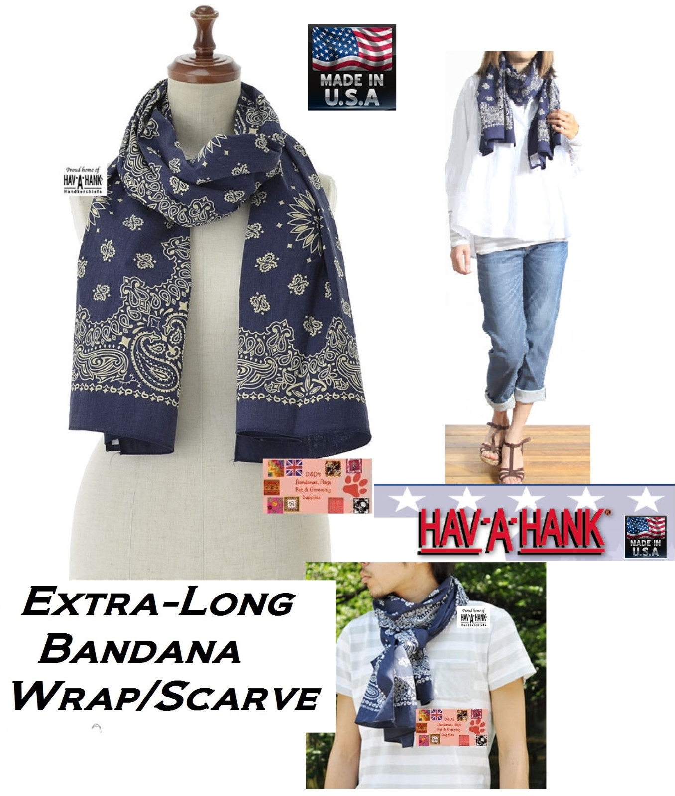 USA MADE HAVAHANK 66"(168cm)x22"(55cm)*PAISLEY BANDANA SCARVE WRAP NECK SCARF