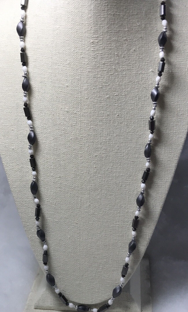 Black Beaded Necklace/ Magnetic/ Double Chain/ Silver Tone