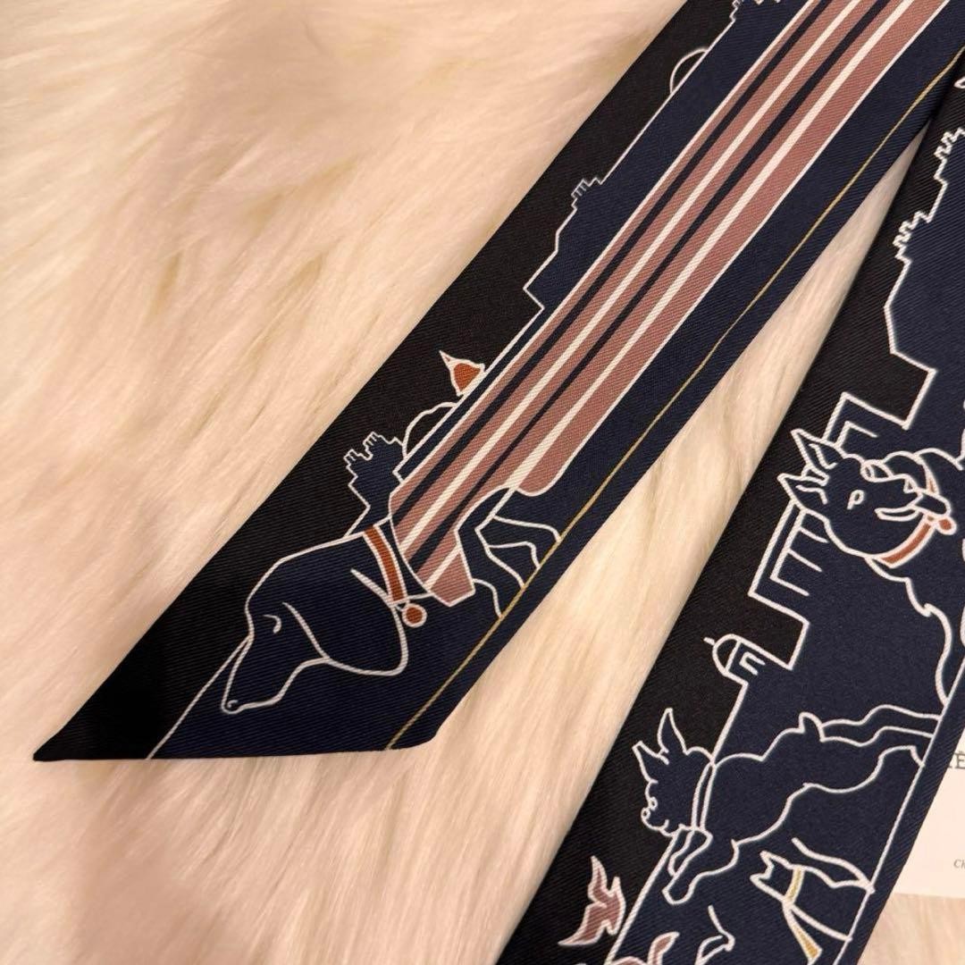 HERMES Twilly Scarf “Les Chiens Parisiens” Parisian Dogs Silk Authentic