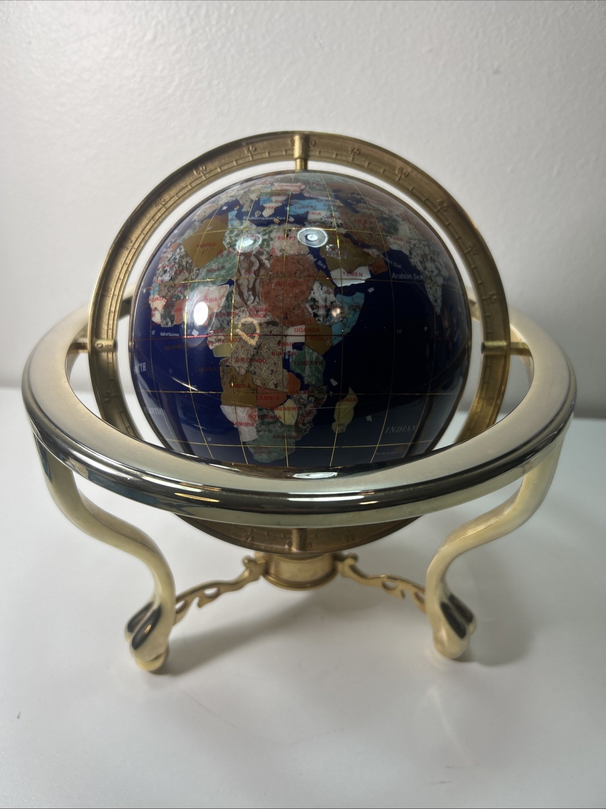 Globe Blue Ocean Gold Tone 3 Leg Table Stand Gen MOP World Map GEM STONE