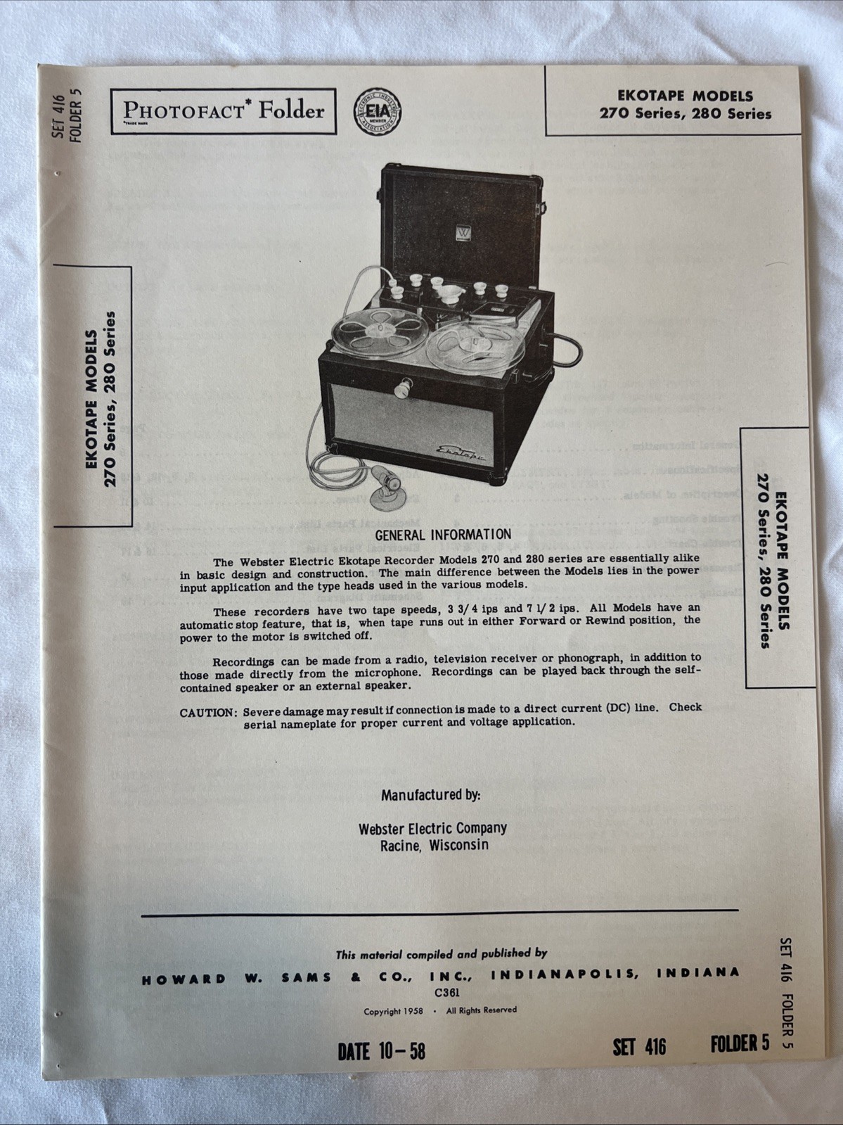 Vintage Sams Photofact Schematic 10-1958 EKOTAPE MODELS 270 Series,280 Series