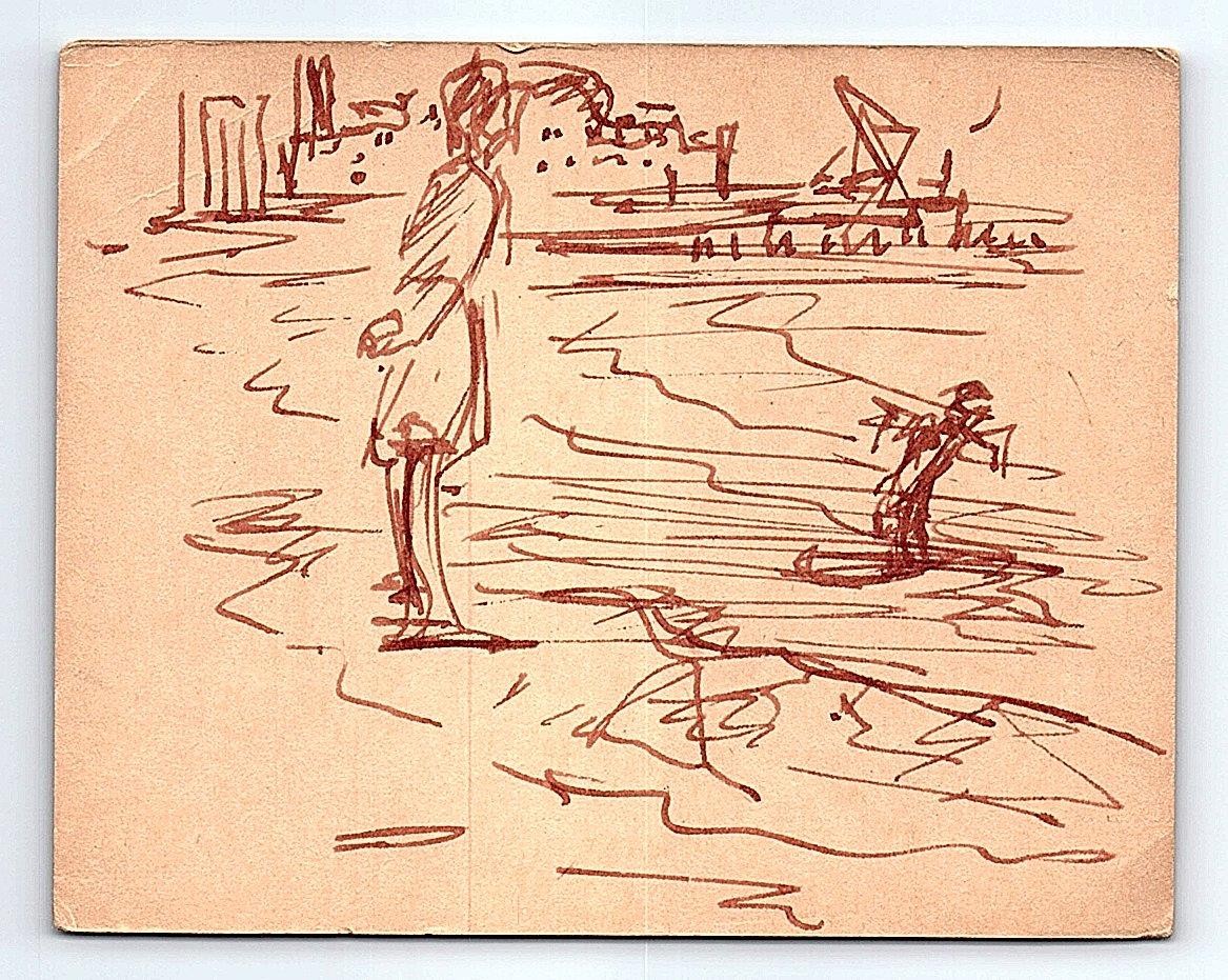 Pen Sketch Line Drawing Paper Mid Century Woman Standing at Shore Naomi Yergin