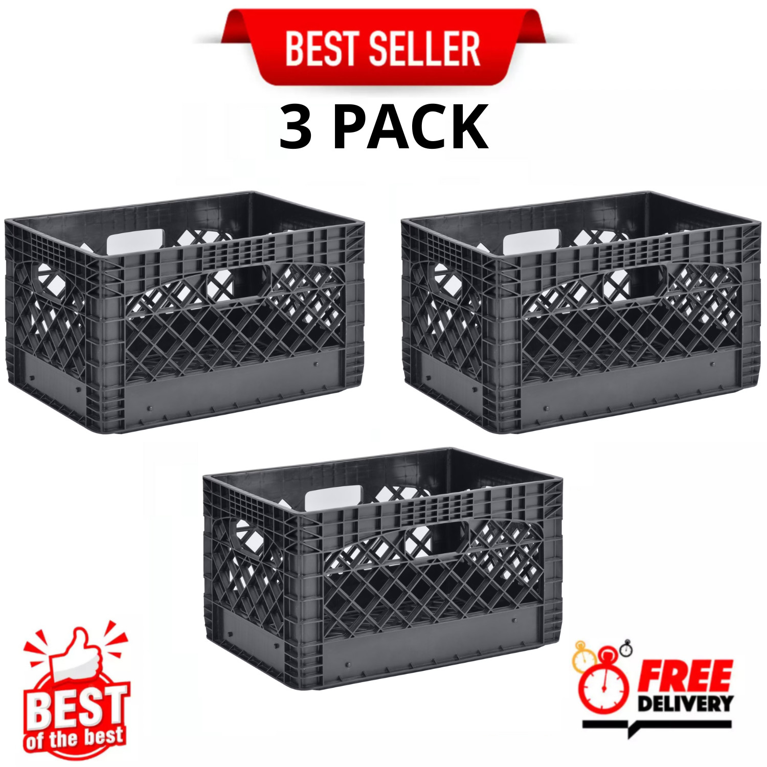 Juggernaut Storage 24QT Plastic Heavy-Duty Milk Crate, Black, 3 Pack