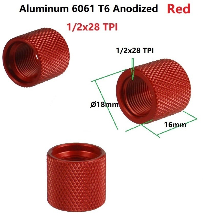 1/2x28 TPI knurled Aluminum Anodized Red thread covers threads for Protection
