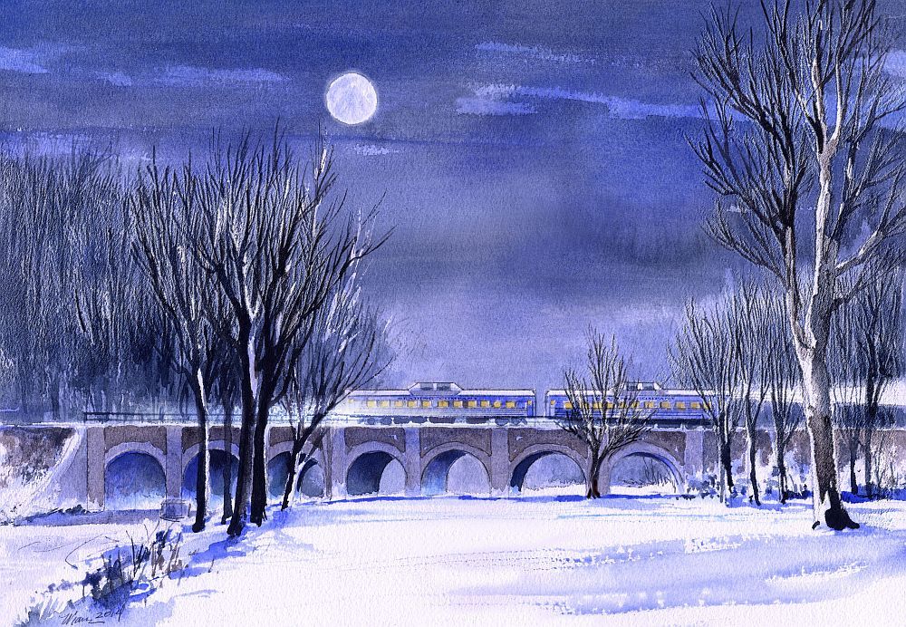 Full moon, snow, bridge, train Reading Railroad Sellersville PA. Notecards