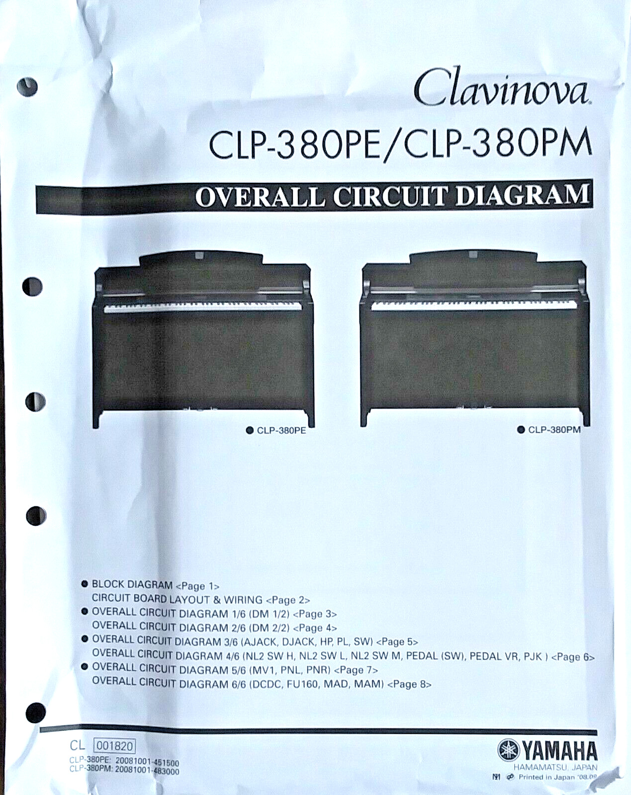 Yamaha CLP-380PE CLP-380PM Digital Piano Original Overall Circuit Diagram Sheets