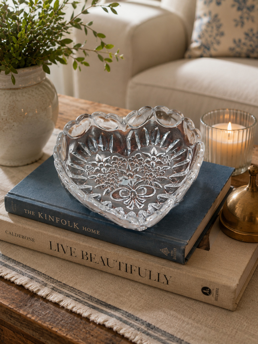 Vintage Heart Shaped Crystal Trinket Dish Candy Bowl Glass Decor