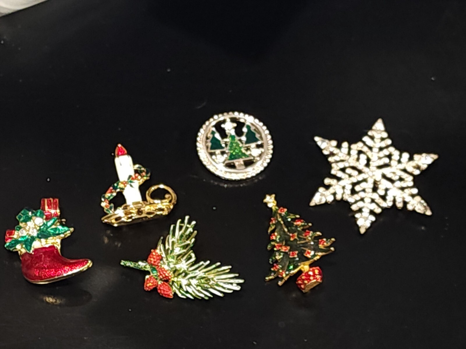 Vintage LOT OF 6- Pins Metal Rhinestone SNOWFLAKE TREES Christmas Brooches