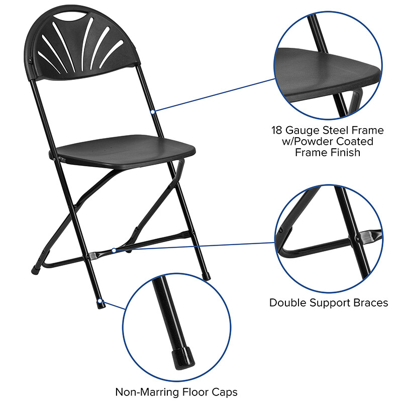 (100 PACK) 650Lbs Capacity Commercial Grade Fan Back Black Plastic Folding Chair