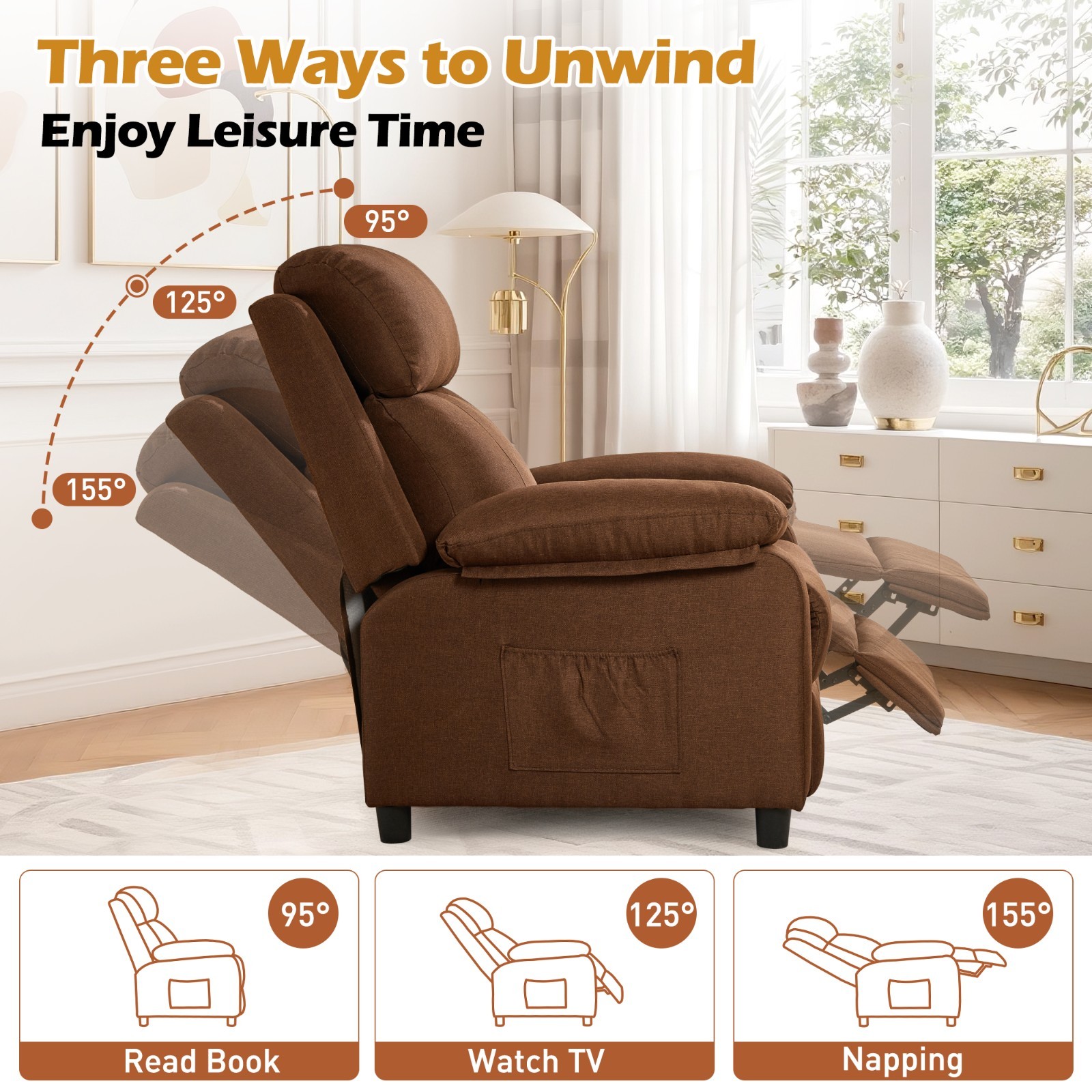 Korser Small Manual Push Back Recliner Chair with Side Pockets for Living Room