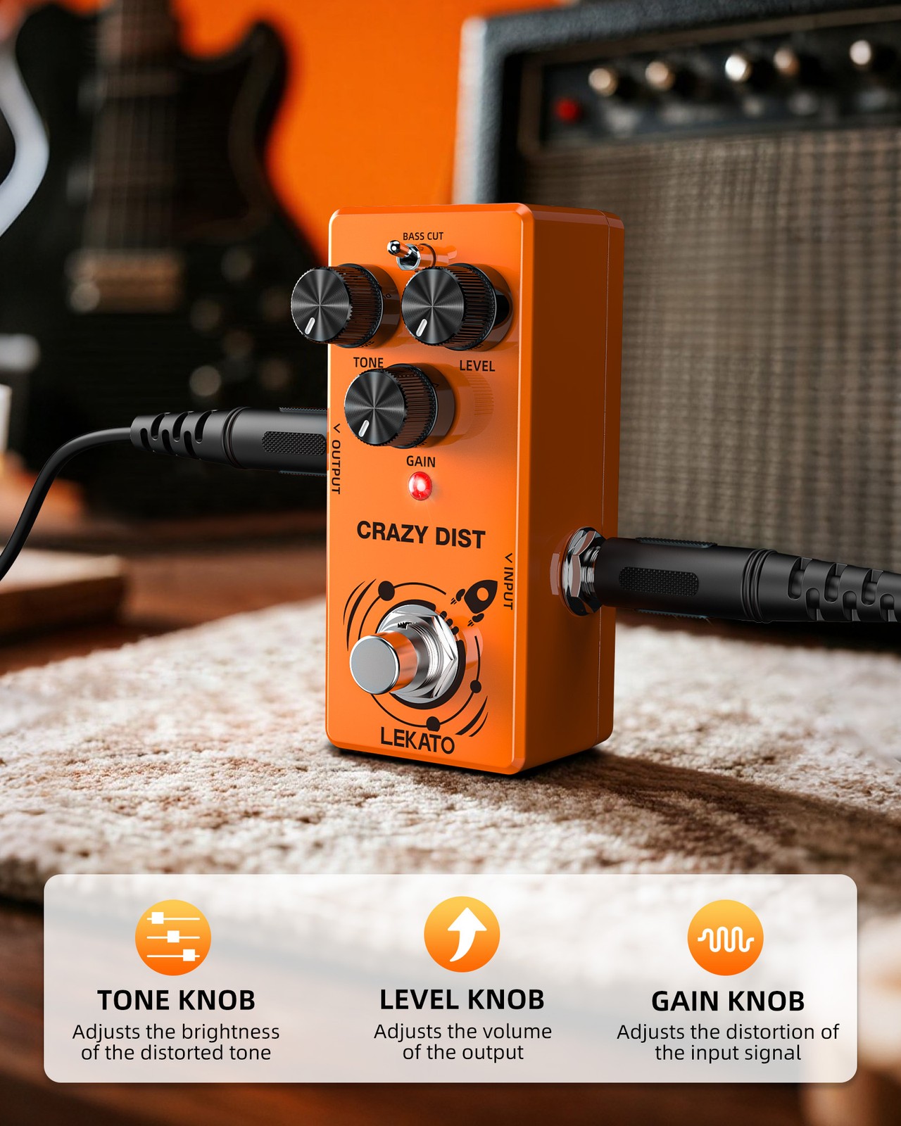 LEKATO DS-02 Mini Distortion Guitar Effect Pedal Bass Cut Dist Mode True Bypass