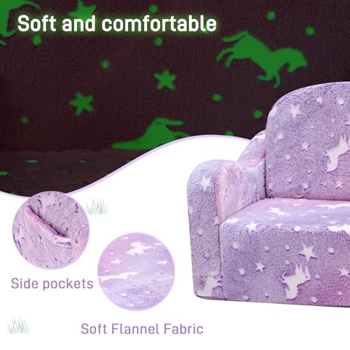 Thick Comfy Toddler Chair and Couch for Kids,2-in-1 Soft Flannel Purple Pony