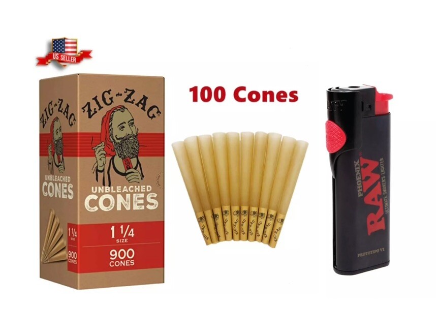 zig zag unbleached 1 1/4 size pre rolled cone +LIGHTER