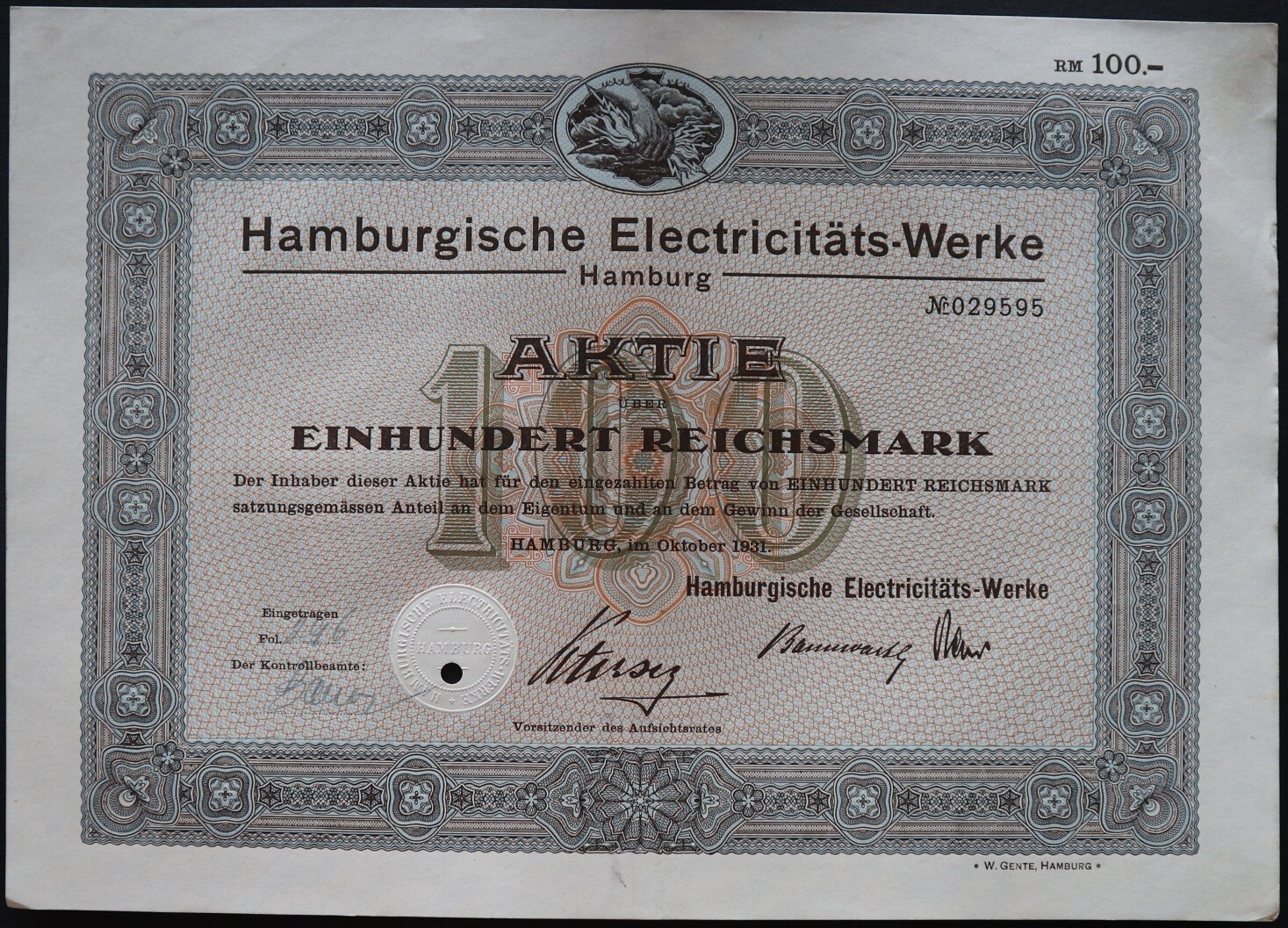 100 Reichsmark 1931 - Series: 029595 - Germany Loan Bond -  "Y62