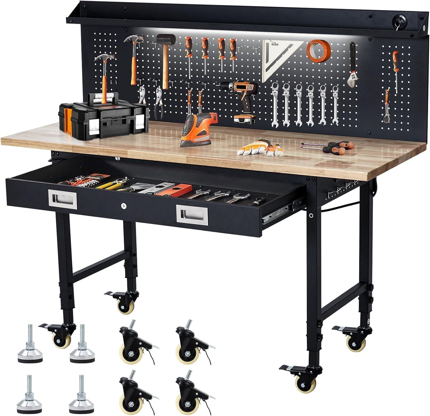 60" Adjustable Workbench w/ Pegboard & Power Outlets Work Bench Lockable Wheels