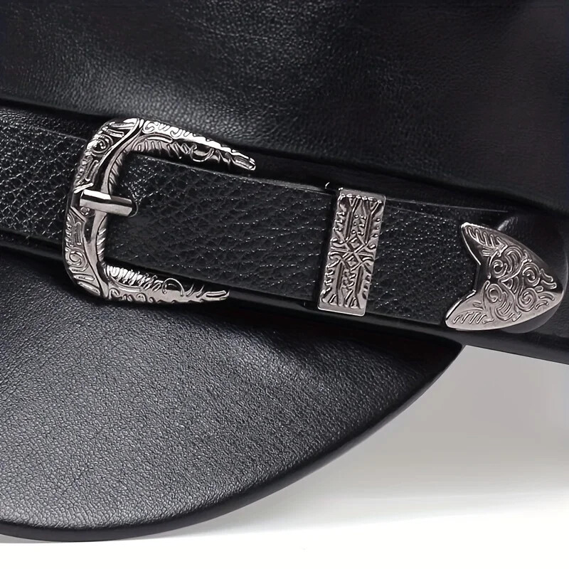 Fashion Women Large Belt Buckle Leather Hat Spring Autumn Sailor Hats Black