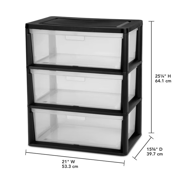 (2 pack) Sterilite Wide 3 Drawer Tower, Plastic Storage Organizer Black