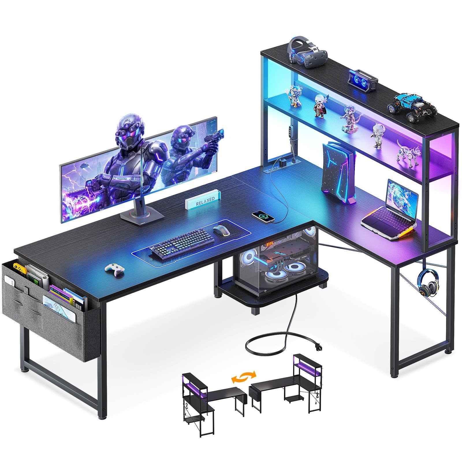 53" L Shaped Gaming Desk with LED Lights, Outlets, Shelves & Headset Hook - Reve