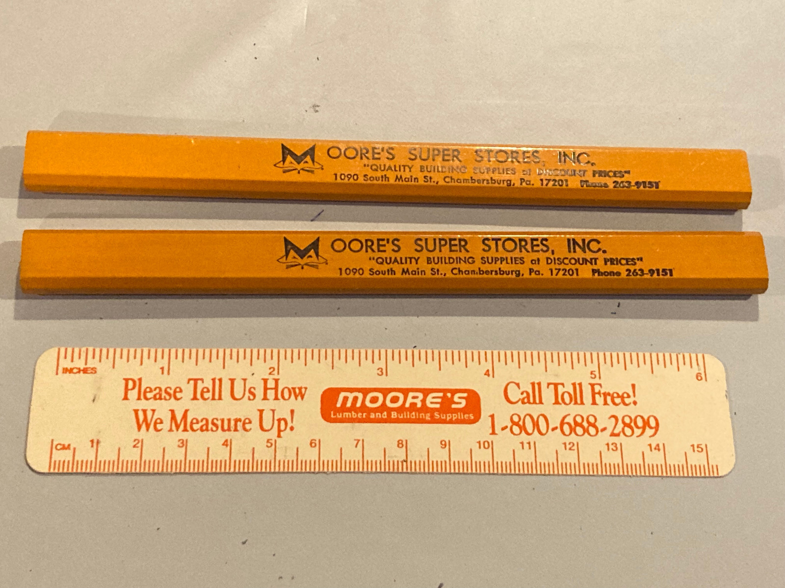 Vintage MOORE'S LUMBER & BUILDING SUPPLIES Lot of 2 Carpenters Pencils & Ruler