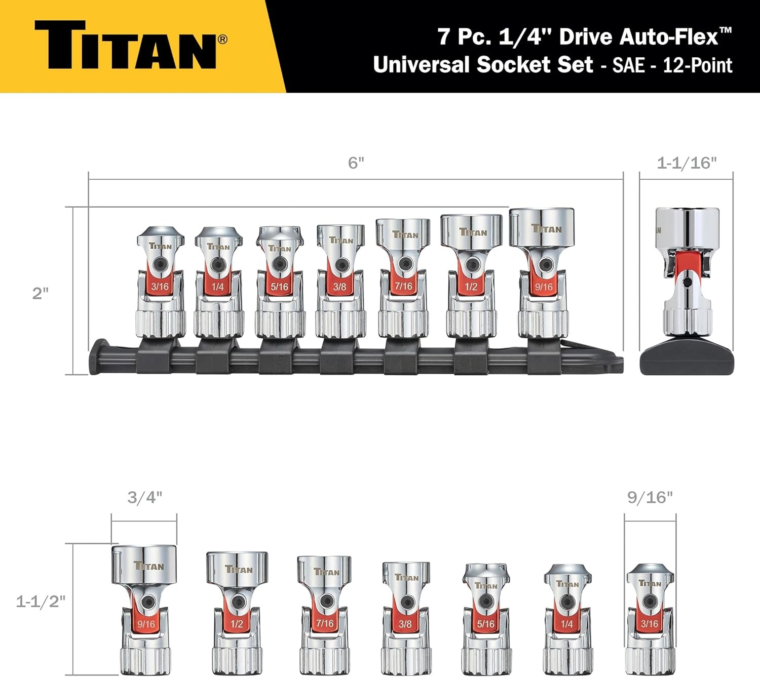 Titan Tools Auto Flex Universal Socket Set - SAE, 1/4" Drive, 7 Piece (66860)
