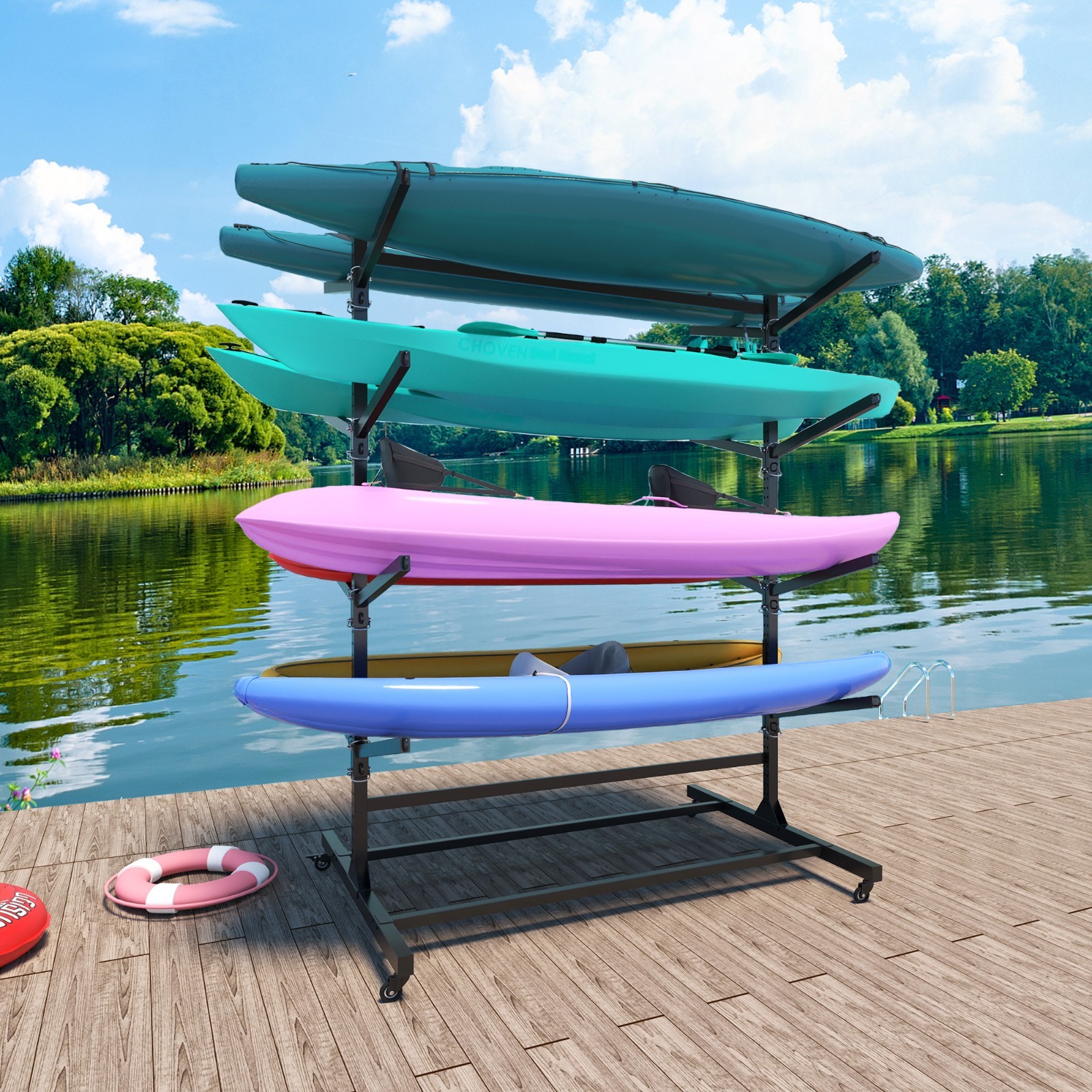 Heavy Duty 8-Kayak Freestanding Rack with Wheels, Adjustable 82"H