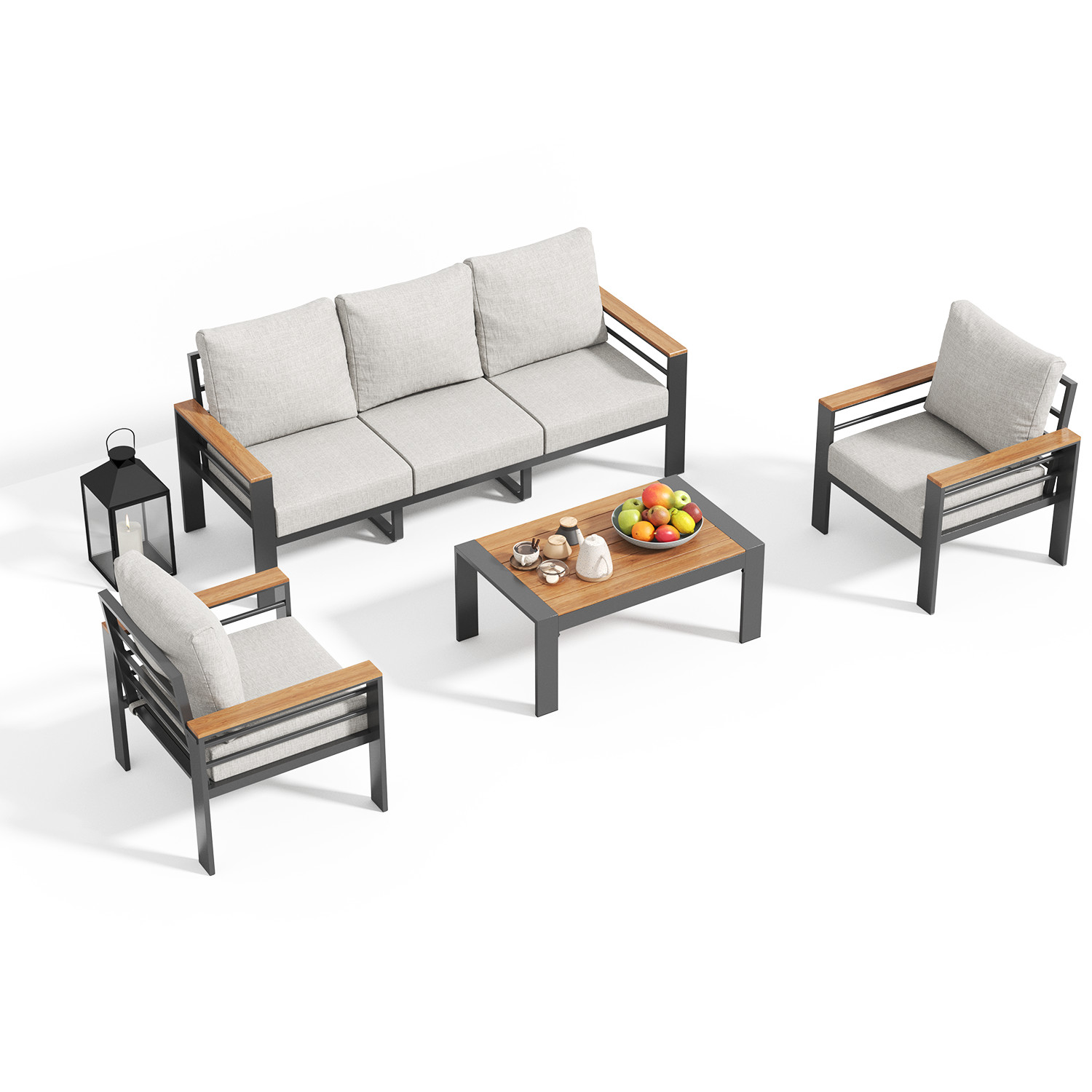 4-Piece Gray Exposed Tube Patio Sofa Set 2 Single&Double&Table