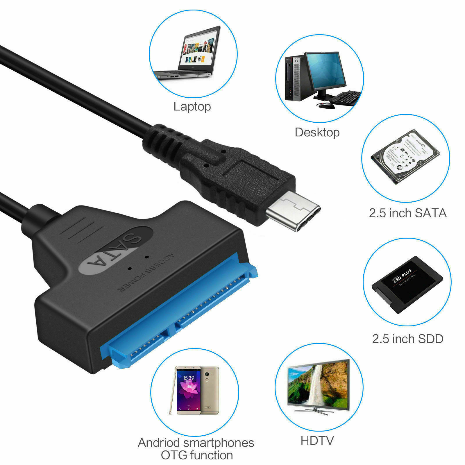 New USB 3.1 Type C to SATA III HDD SSD 2.5" Hard Drive Adapter Cable 22-Pin UASP