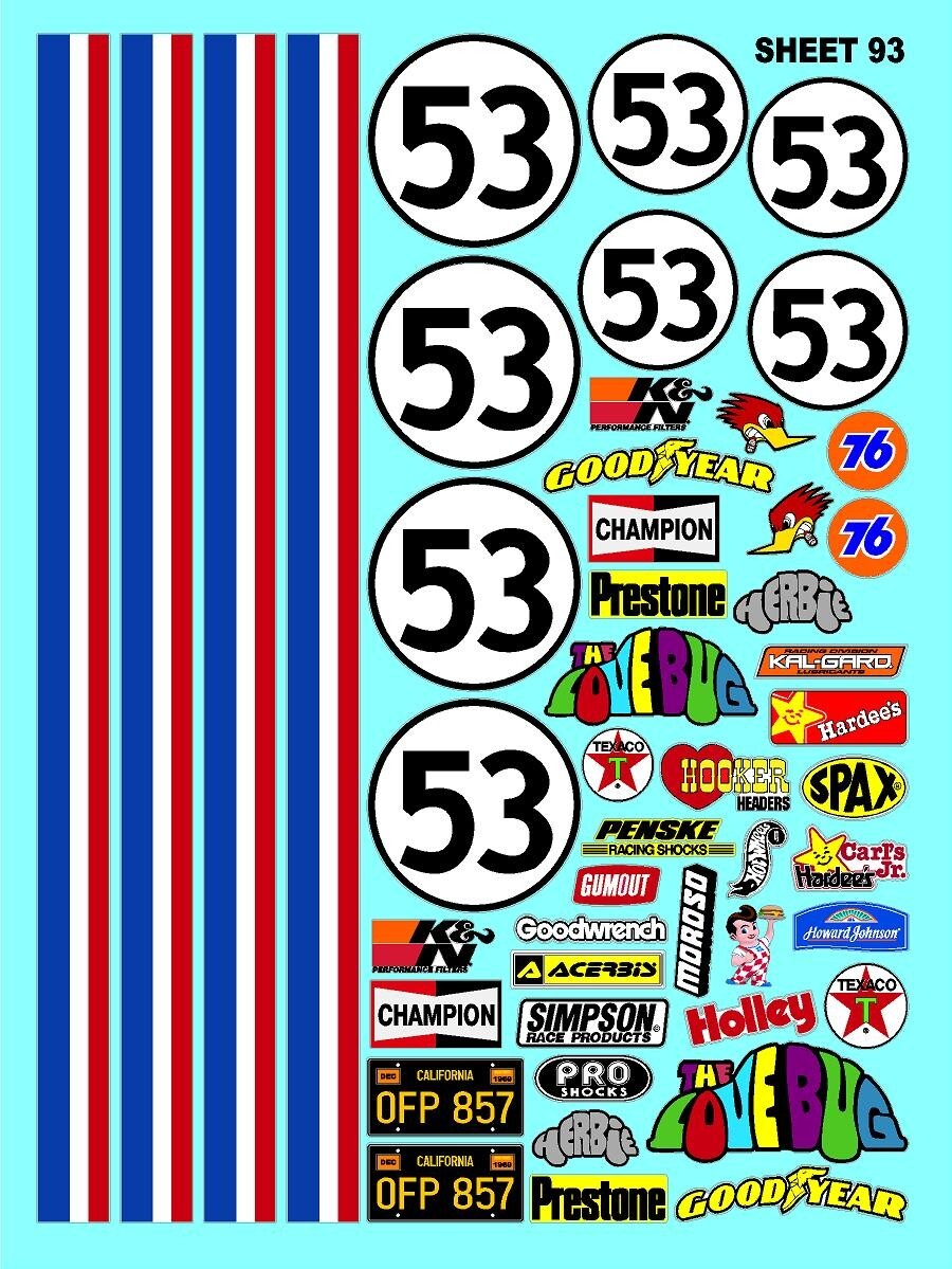 CLEAR VINYL Sticker SHEET 93 Herbie Love Bug-R/C MODEL Die-cut -Decals 1/12-1/10