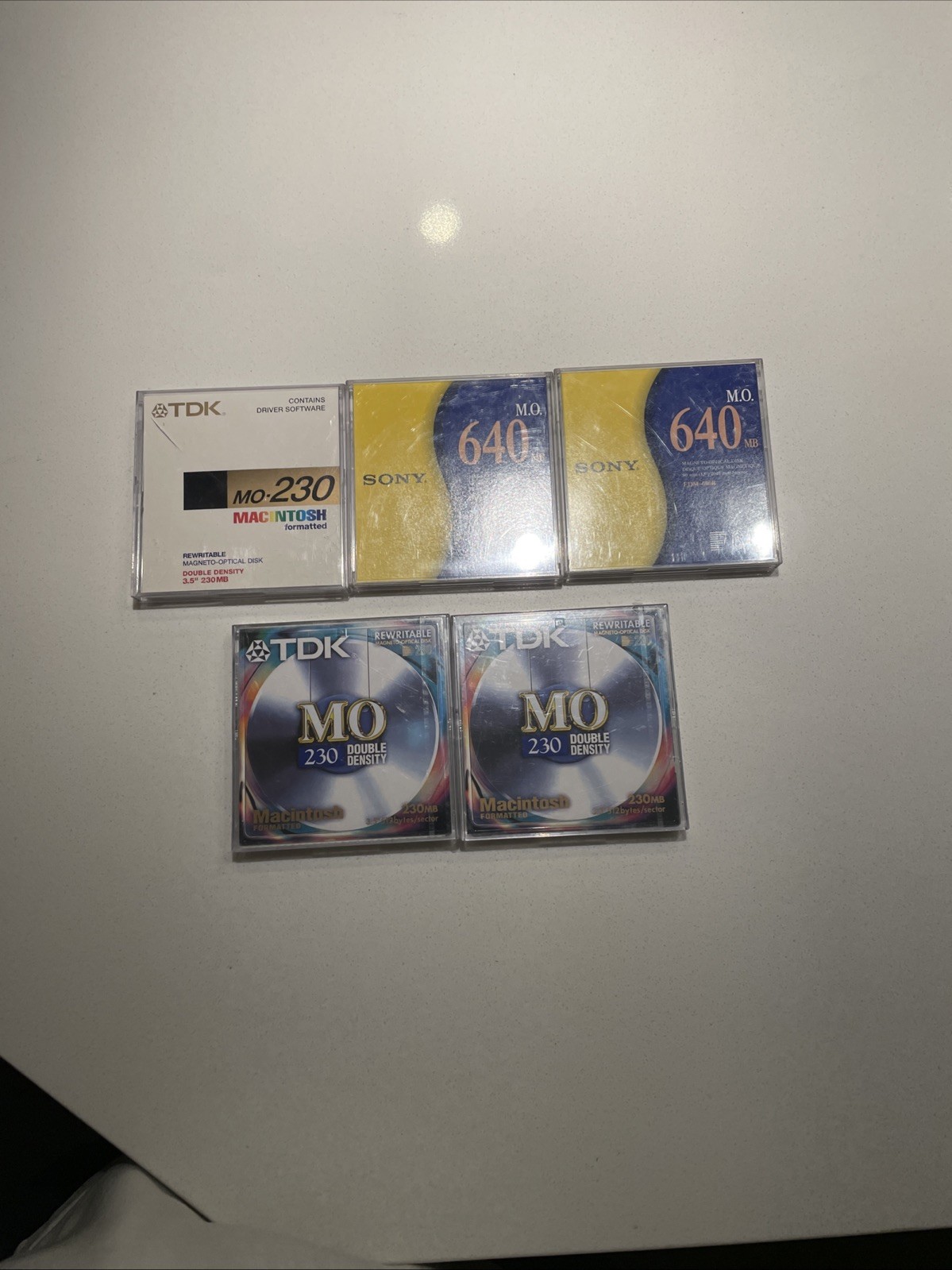 Lot Of 5 Rewritable MO Disks 2x Sealed TDK 230, 2x Opened Sony 640, 1x. TDK 230