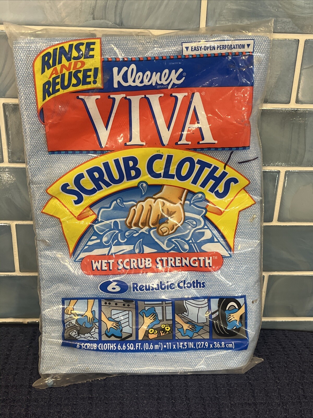 6 Pack Kleenex Viva Wet Scrub Strength Reusable Cleaning Scrub Cloths 1996 NOS