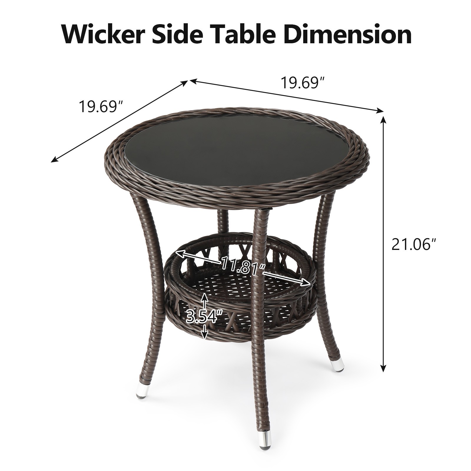 2 Layer 20in In/Outdoor Brown Rattan Round Side Table Modern Bedside