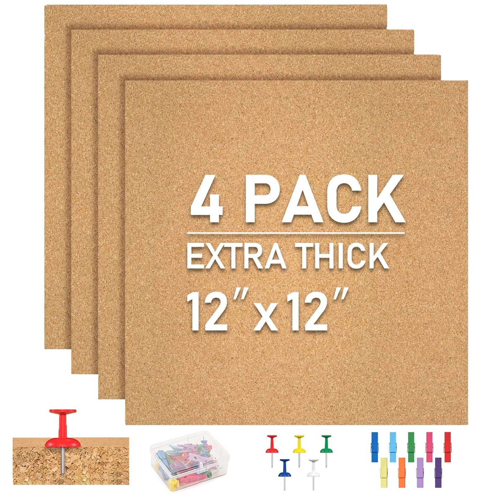 Cork Board Tiles - 4 Packs Adhesive Corkboards for Wall, Small Cork Board Squ...