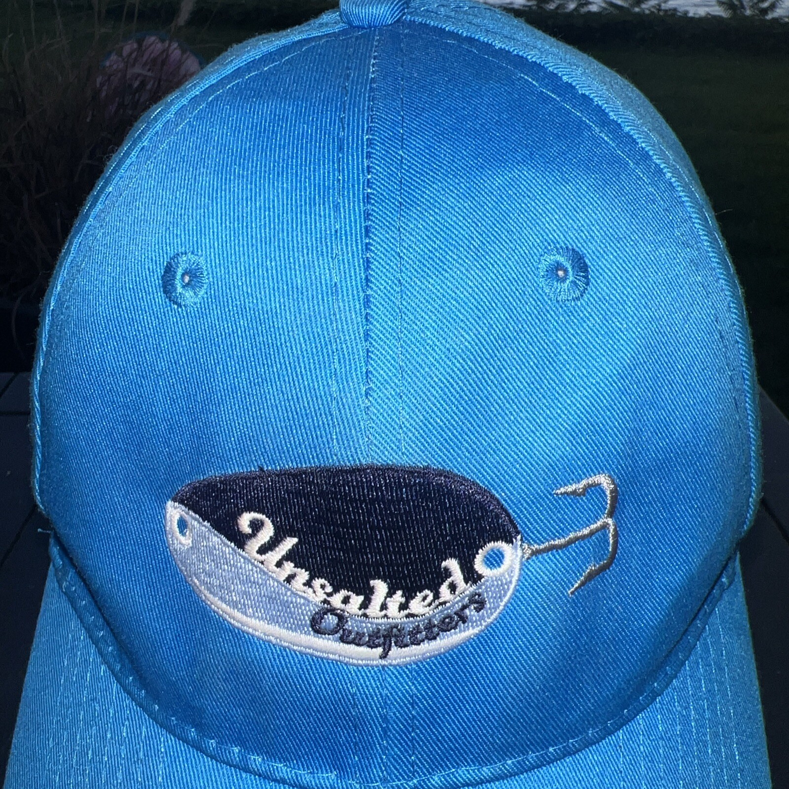 Unsalted Outfitters Fishing on a Lure Bright Blue Hat Cap Hook Loop EUC