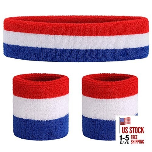 Sweatband Set Sports Headband Wristband Set Sweatbands Terry Red/White/Blue