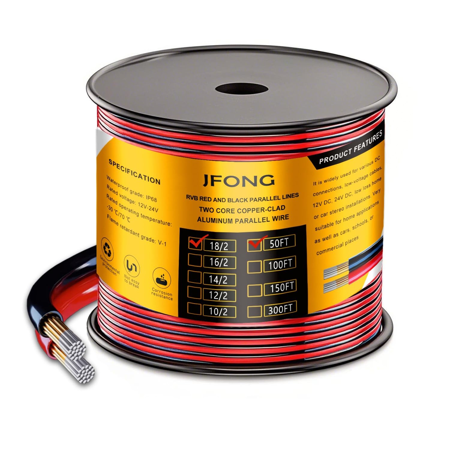 50 Ft 18/2 Red Black Electrical Wire Hookup Extension Cord 12/24V 18 AWG