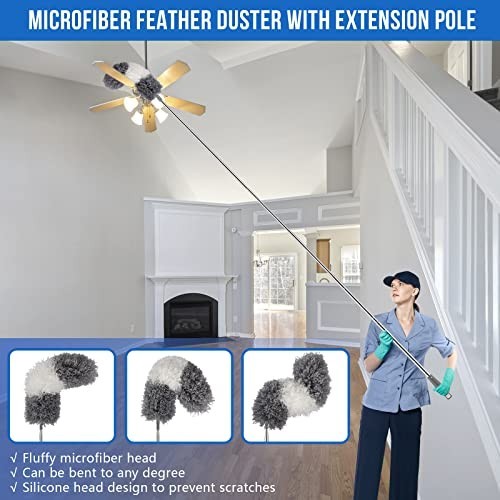 Microfiber Feather Duster Kit with Extendable Pole (30-100") - Bendable, Washabl